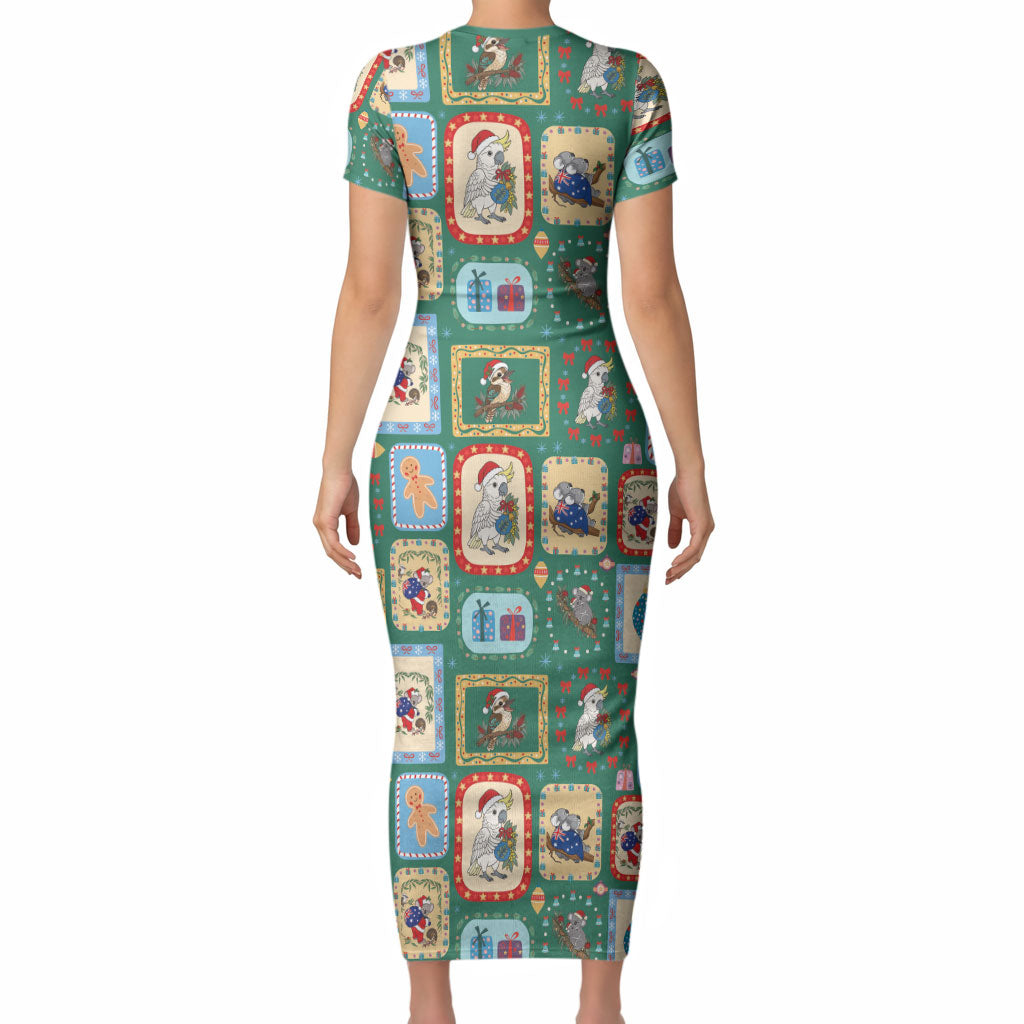 Australia Wildlife Christmas Stamp Short Sleeve Bodycon Dress Green Aussie Native Animal Seamless Pattern