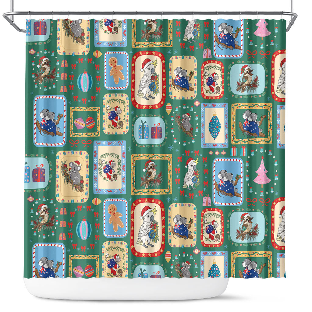 Australia Wildlife Christmas Stamp Shower Curtain Green Aussie Native Animal Seamless Pattern
