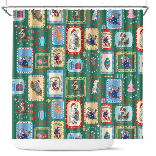 Australia Wildlife Christmas Stamp Shower Curtain Green Aussie Native Animal Seamless Pattern