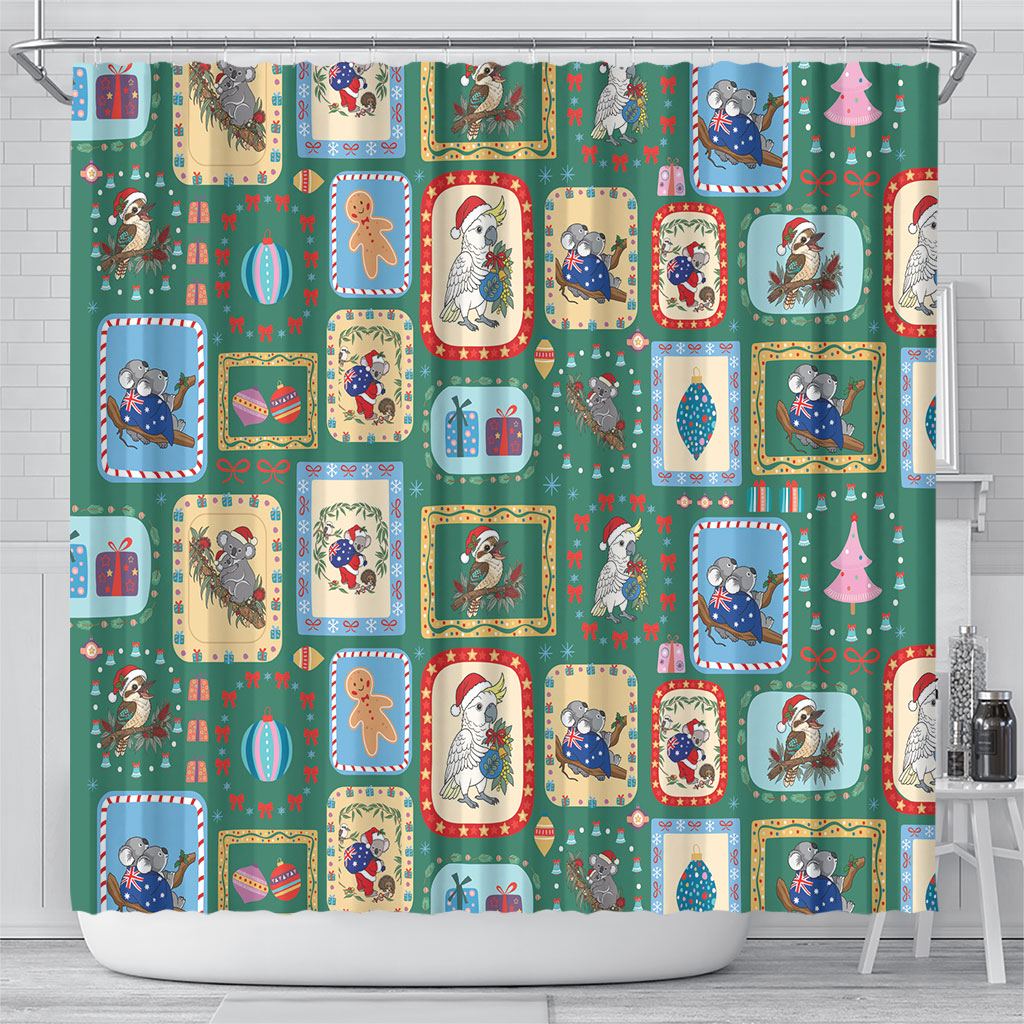 Australia Wildlife Christmas Stamp Shower Curtain Green Aussie Native Animal Seamless Pattern