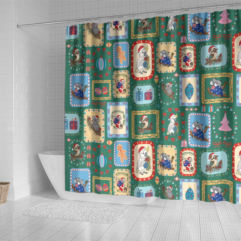 Australia Wildlife Christmas Stamp Shower Curtain Green Aussie Native Animal Seamless Pattern