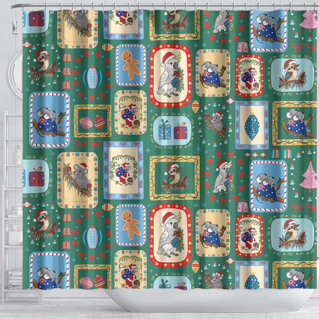 Australia Wildlife Christmas Stamp Shower Curtain Green Aussie Native Animal Seamless Pattern