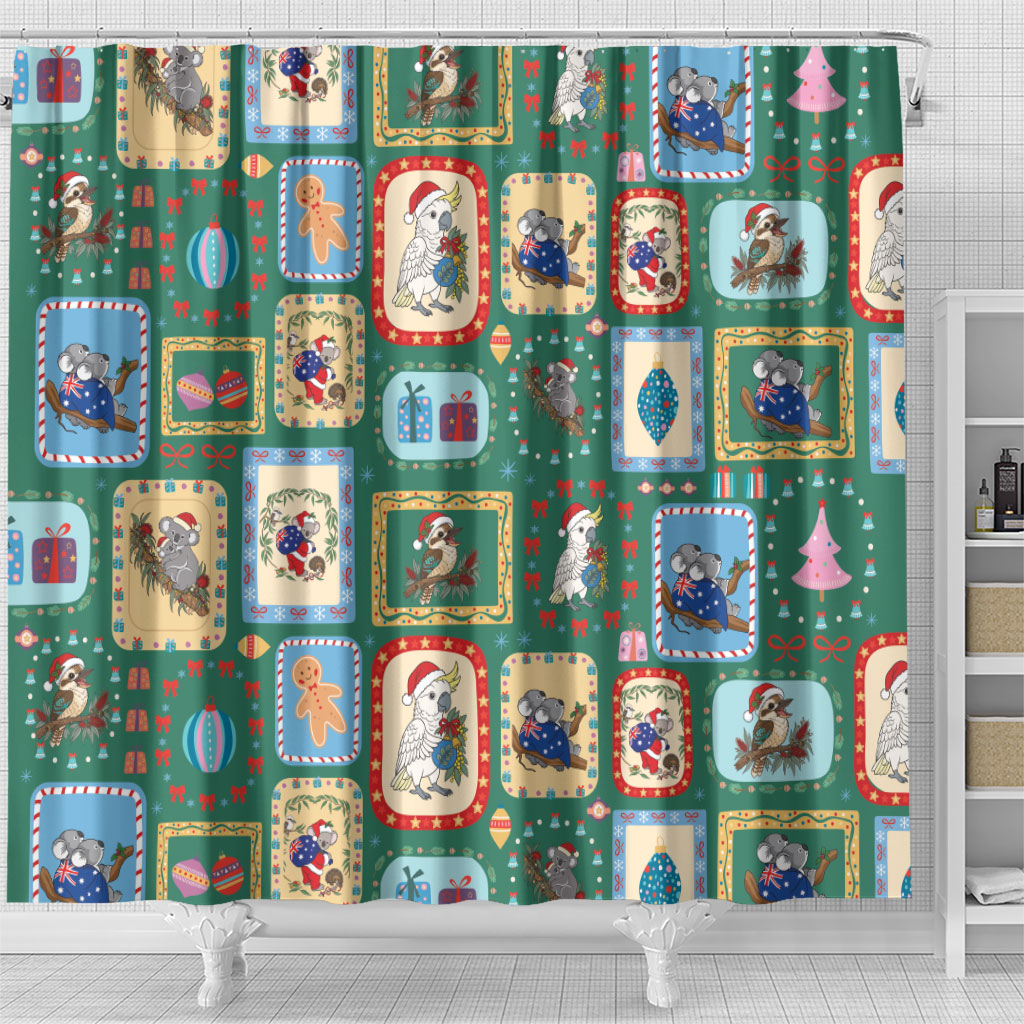 Australia Wildlife Christmas Stamp Shower Curtain Green Aussie Native Animal Seamless Pattern