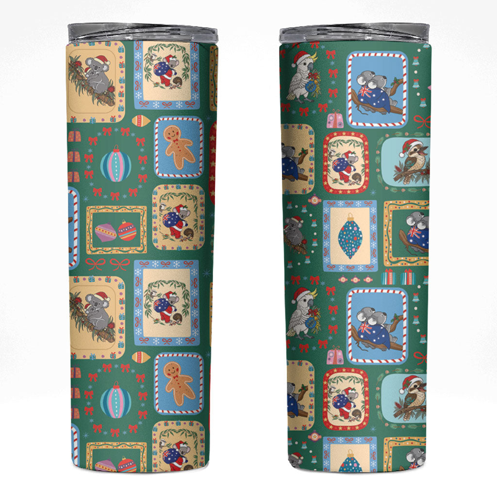 Australia Wildlife Christmas Stamp Skinny Tumbler Green Aussie Native Animal Seamless Pattern
