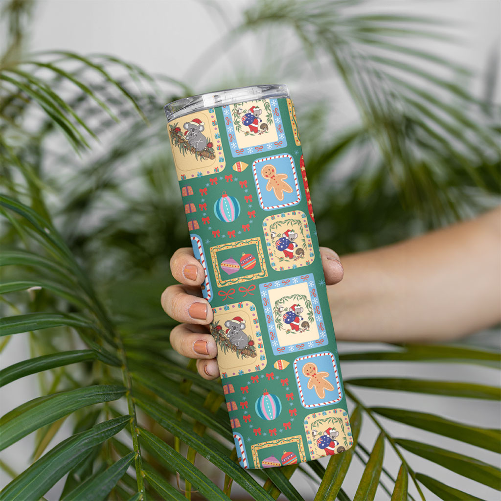 Australia Wildlife Christmas Stamp Skinny Tumbler Green Aussie Native Animal Seamless Pattern
