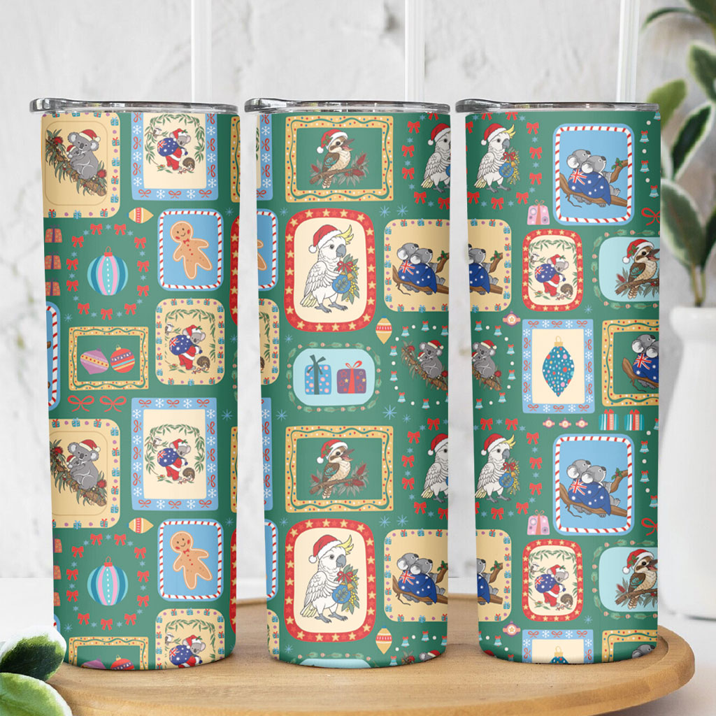 Australia Wildlife Christmas Stamp Skinny Tumbler Green Aussie Native Animal Seamless Pattern