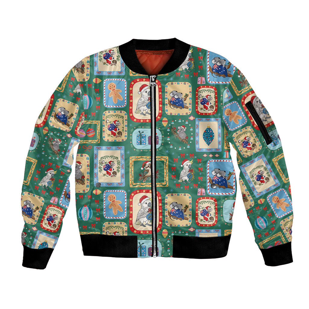 Australia Wildlife Christmas Stamp Sleeve Zip Bomber Jacket Green Aussie Native Animal Seamless Pattern