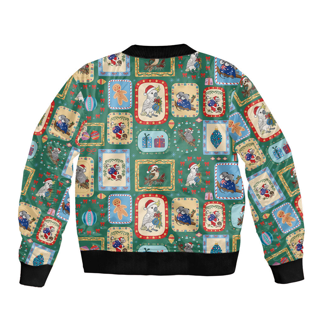 Australia Wildlife Christmas Stamp Sleeve Zip Bomber Jacket Green Aussie Native Animal Seamless Pattern