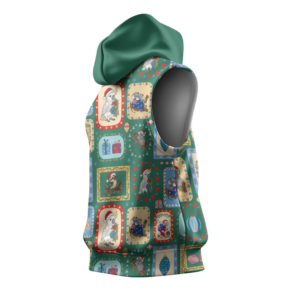 Australia Wildlife Christmas Stamp Sleeveless Hoodie Green Aussie Native Animal Seamless Pattern