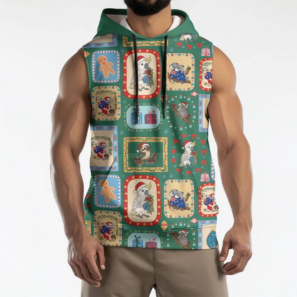 Australia Wildlife Christmas Stamp Sleeveless Hoodie Green Aussie Native Animal Seamless Pattern