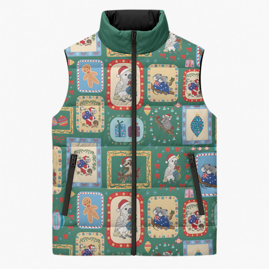 Australia Wildlife Christmas Stamp Sleeveless Puffer Jacket Green Aussie Native Animal Seamless Pattern