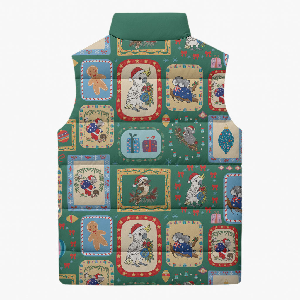 Australia Wildlife Christmas Stamp Sleeveless Puffer Jacket Green Aussie Native Animal Seamless Pattern