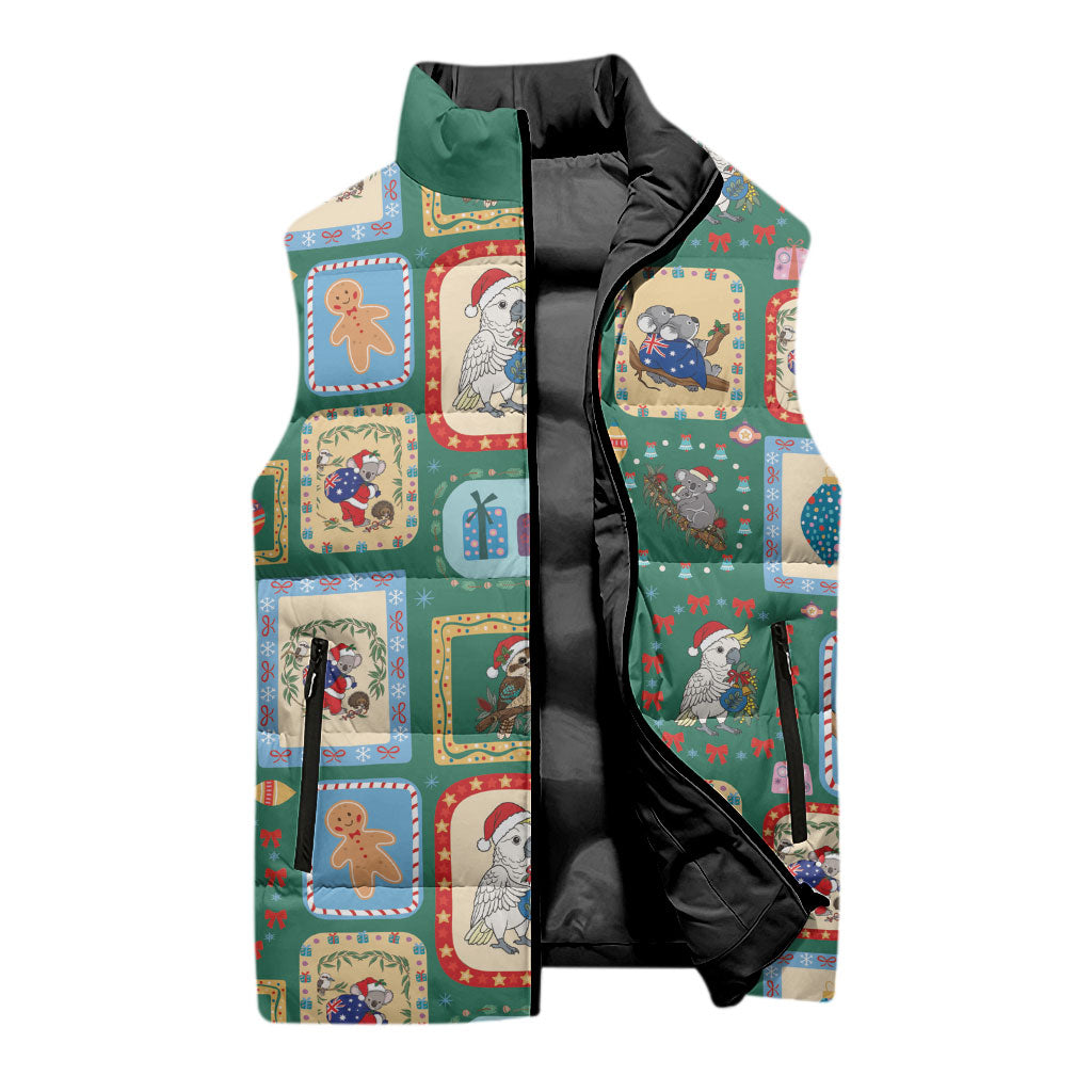 Australia Wildlife Christmas Stamp Sleeveless Puffer Jacket Green Aussie Native Animal Seamless Pattern
