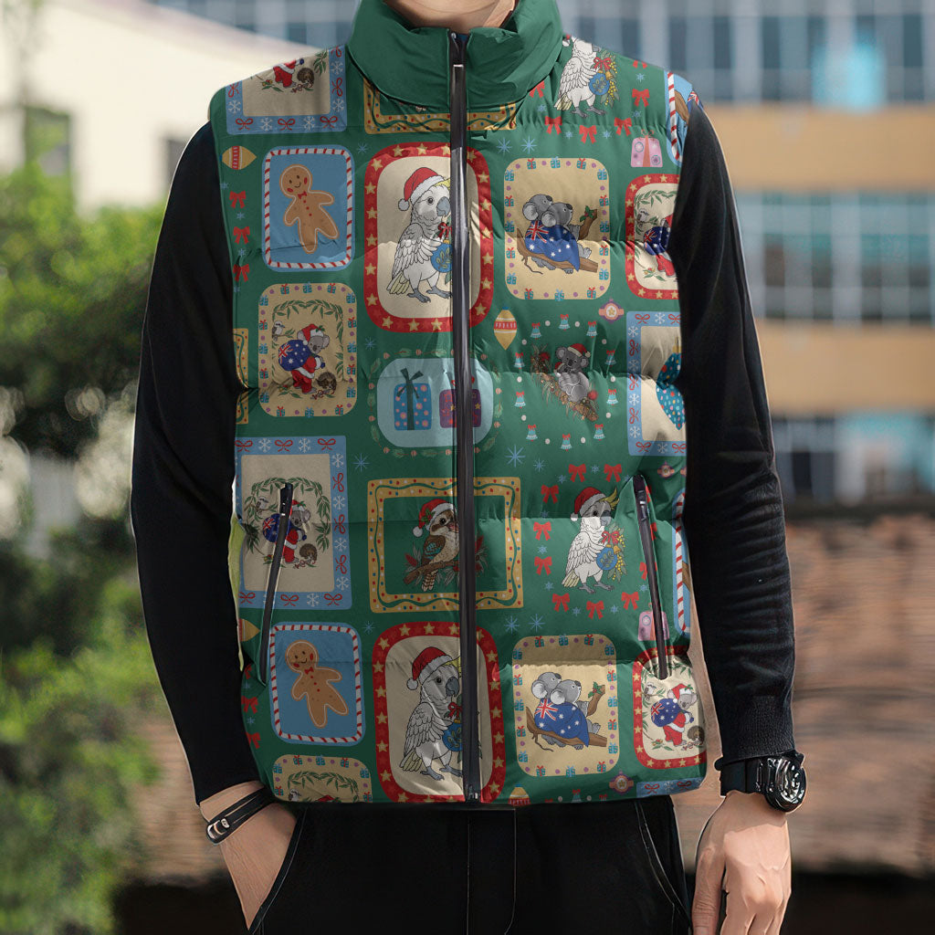 Australia Wildlife Christmas Stamp Sleeveless Puffer Jacket Green Aussie Native Animal Seamless Pattern