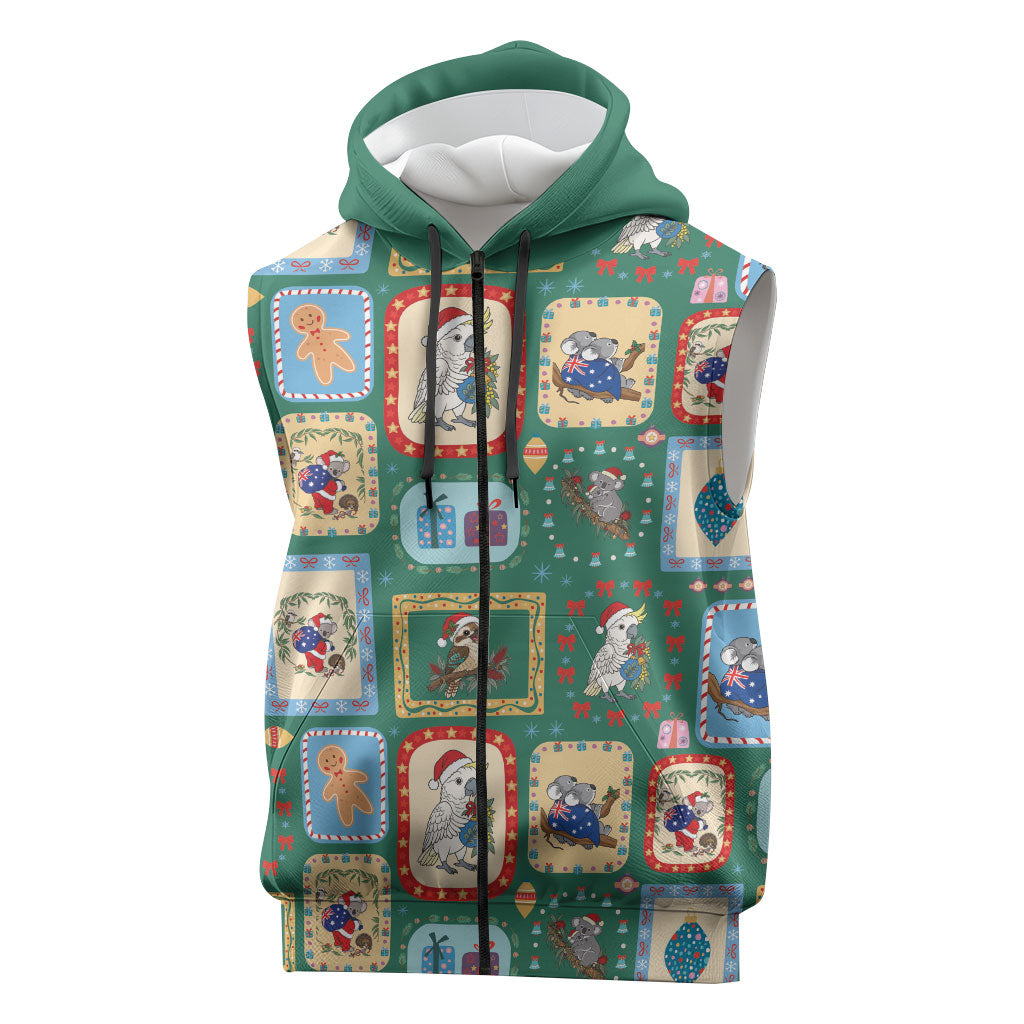 Australia Wildlife Christmas Stamp Sleeveless Zip Hoodie Green Aussie Native Animal Seamless Pattern
