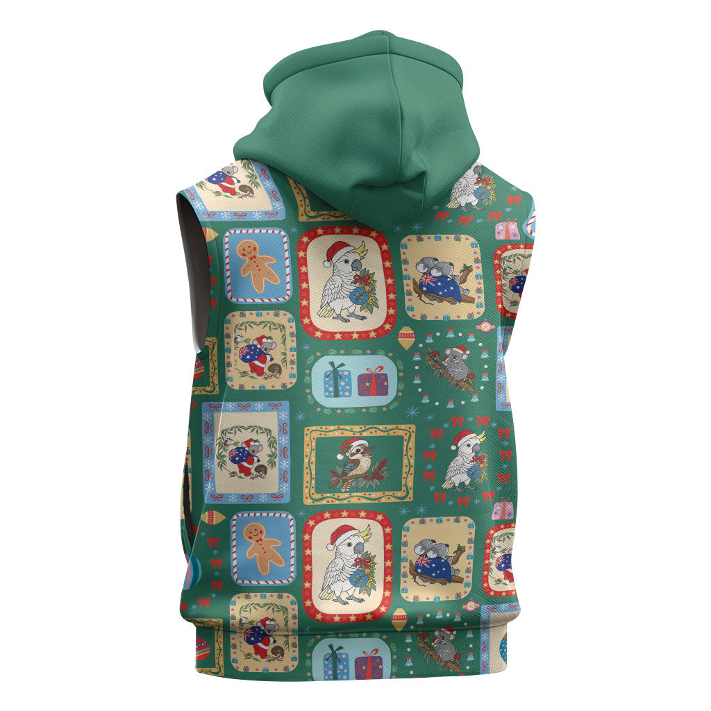 Australia Wildlife Christmas Stamp Sleeveless Zip Hoodie Green Aussie Native Animal Seamless Pattern