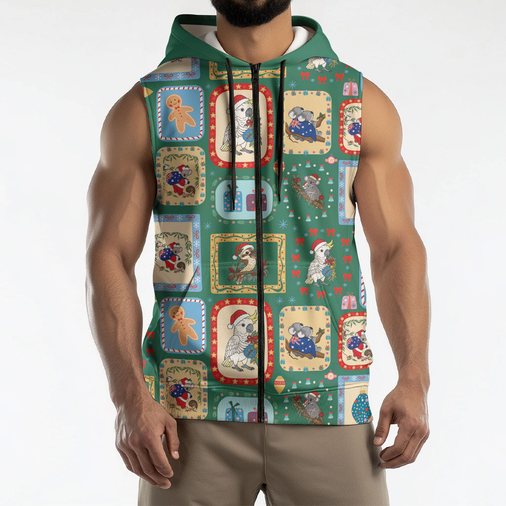 Australia Wildlife Christmas Stamp Sleeveless Zip Hoodie Green Aussie Native Animal Seamless Pattern
