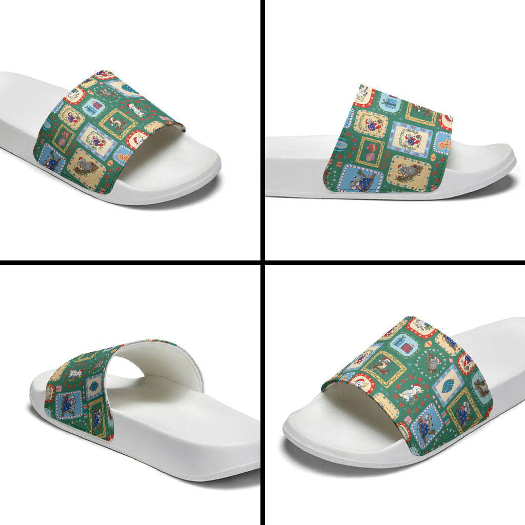Australia Wildlife Christmas Stamp Slide Sandals Green Aussie Native Animal Seamless Pattern
