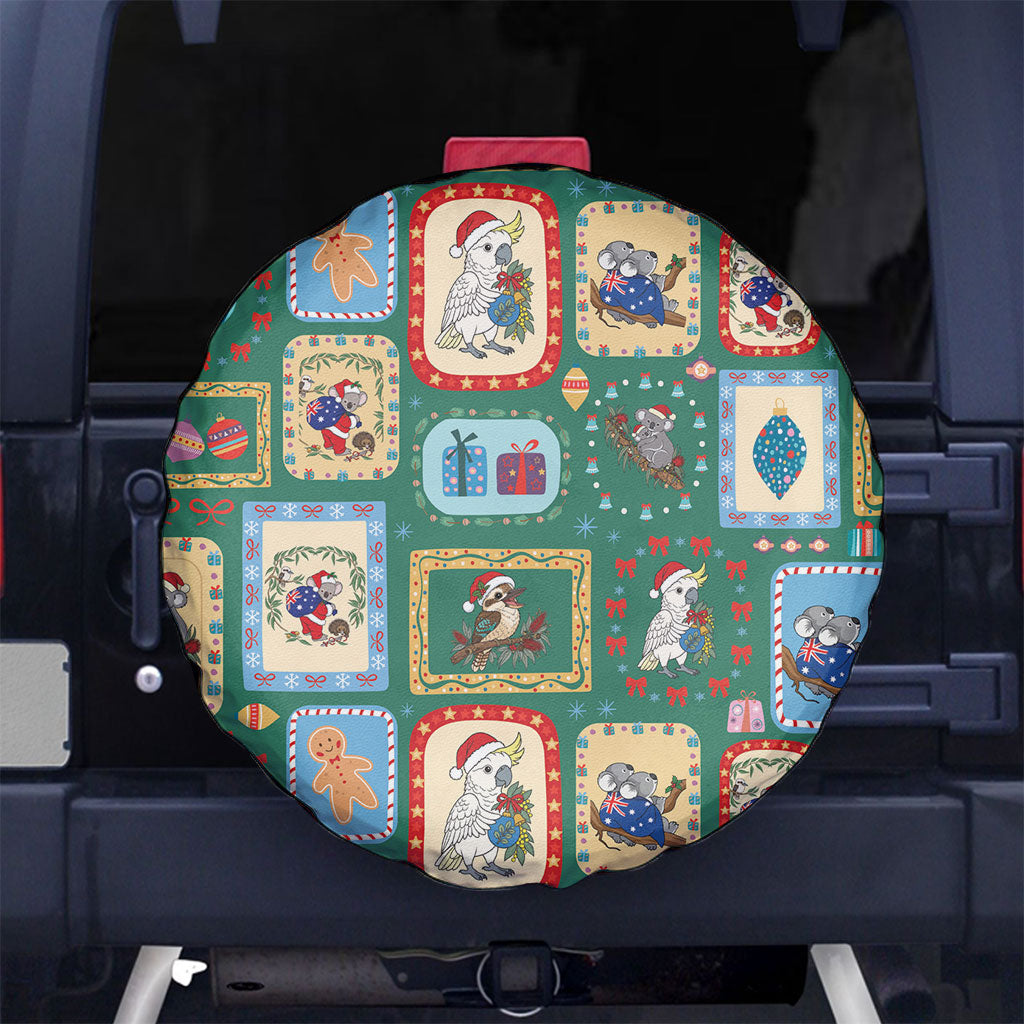 Australia Wildlife Christmas Stamp Spare Tire Cover Green Aussie Native Animal Seamless Pattern