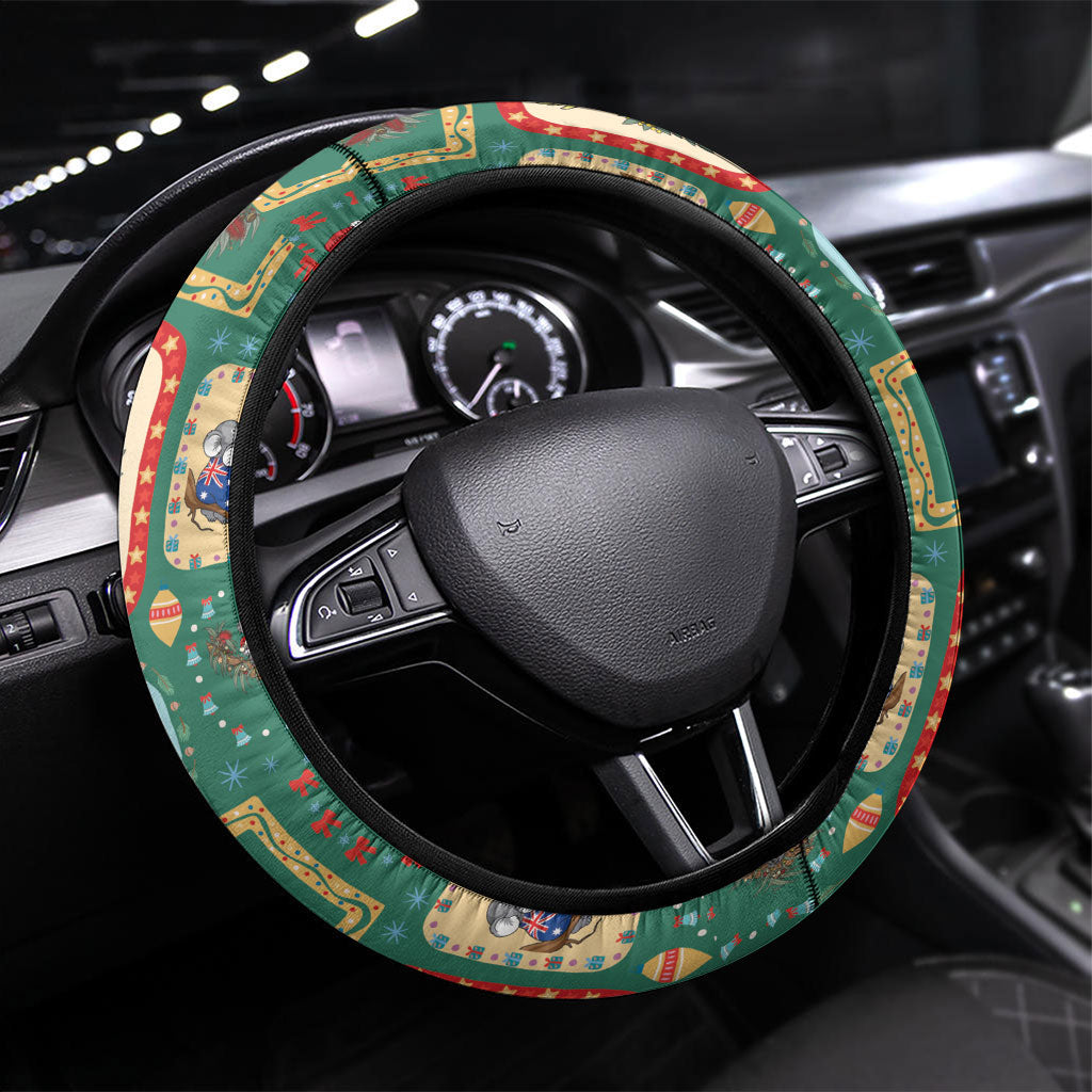 Australia Wildlife Christmas Stamp Steering Wheel Cover Green Aussie Native Animal Seamless Pattern