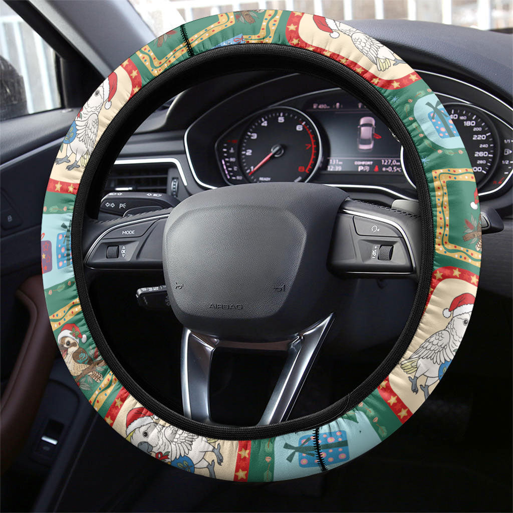 Australia Wildlife Christmas Stamp Steering Wheel Cover Green Aussie Native Animal Seamless Pattern