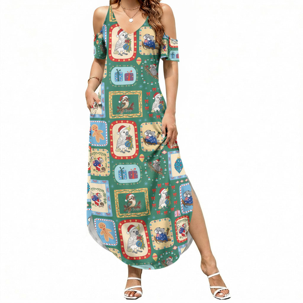 Australia Wildlife Christmas Stamp Summer Maxi Dress Green Aussie Native Animal Seamless Pattern