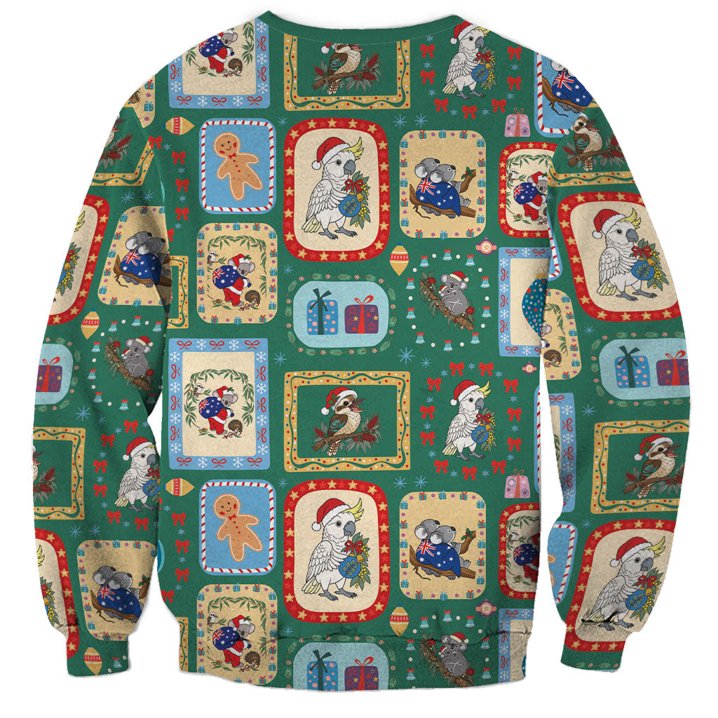 Australia Wildlife Christmas Stamp Sweatshirt Green Aussie Native Animal Seamless Pattern