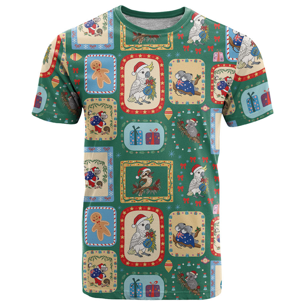 Australia Wildlife Christmas Stamp T Shirt Green Aussie Native Animal Seamless Pattern