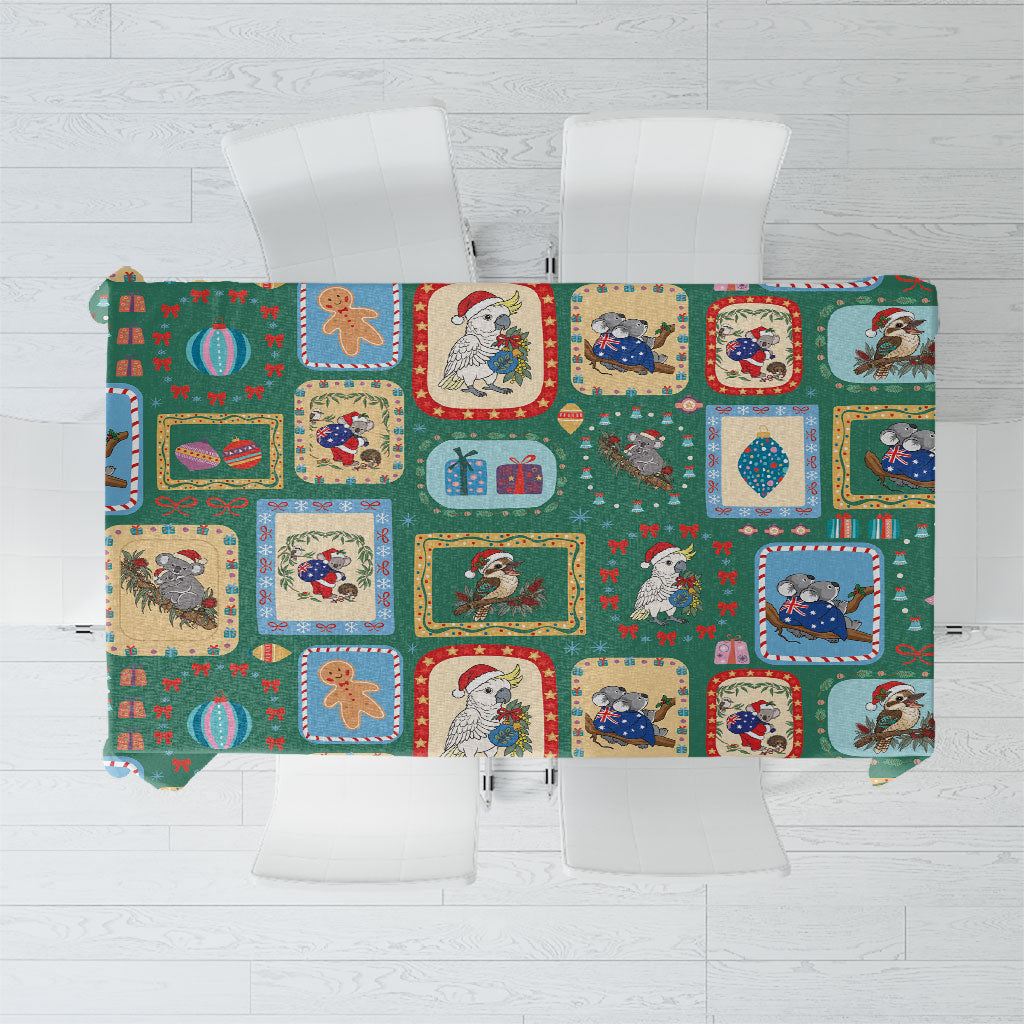 Australia Wildlife Christmas Stamp Tablecloth Green Aussie Native Animal Seamless Pattern