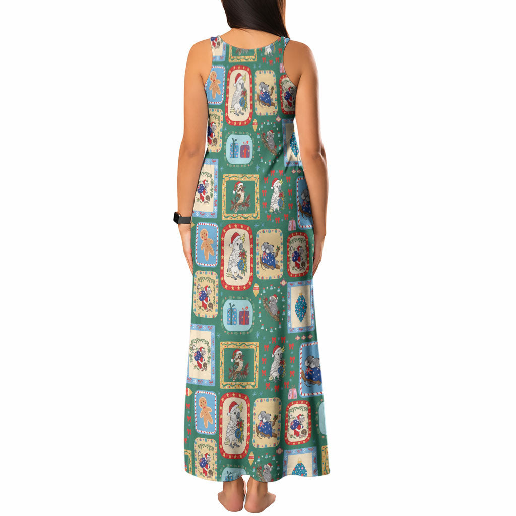 Australia Wildlife Christmas Stamp Tank Maxi Dress Green Aussie Native Animal Seamless Pattern