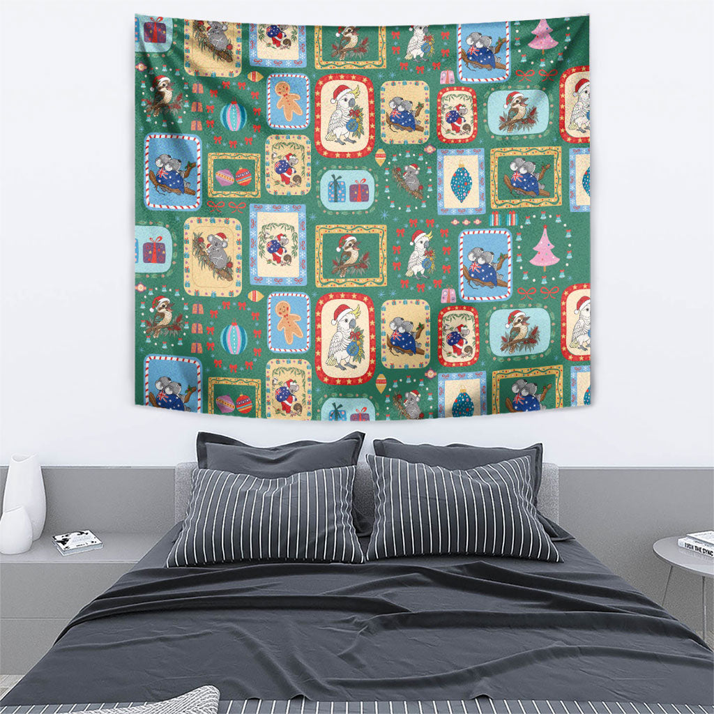 Australia Wildlife Christmas Stamp Tapestry Green Aussie Native Animal Seamless Pattern