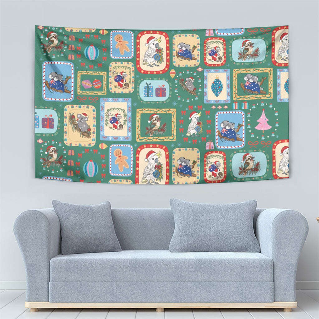 Australia Wildlife Christmas Stamp Tapestry Green Aussie Native Animal Seamless Pattern