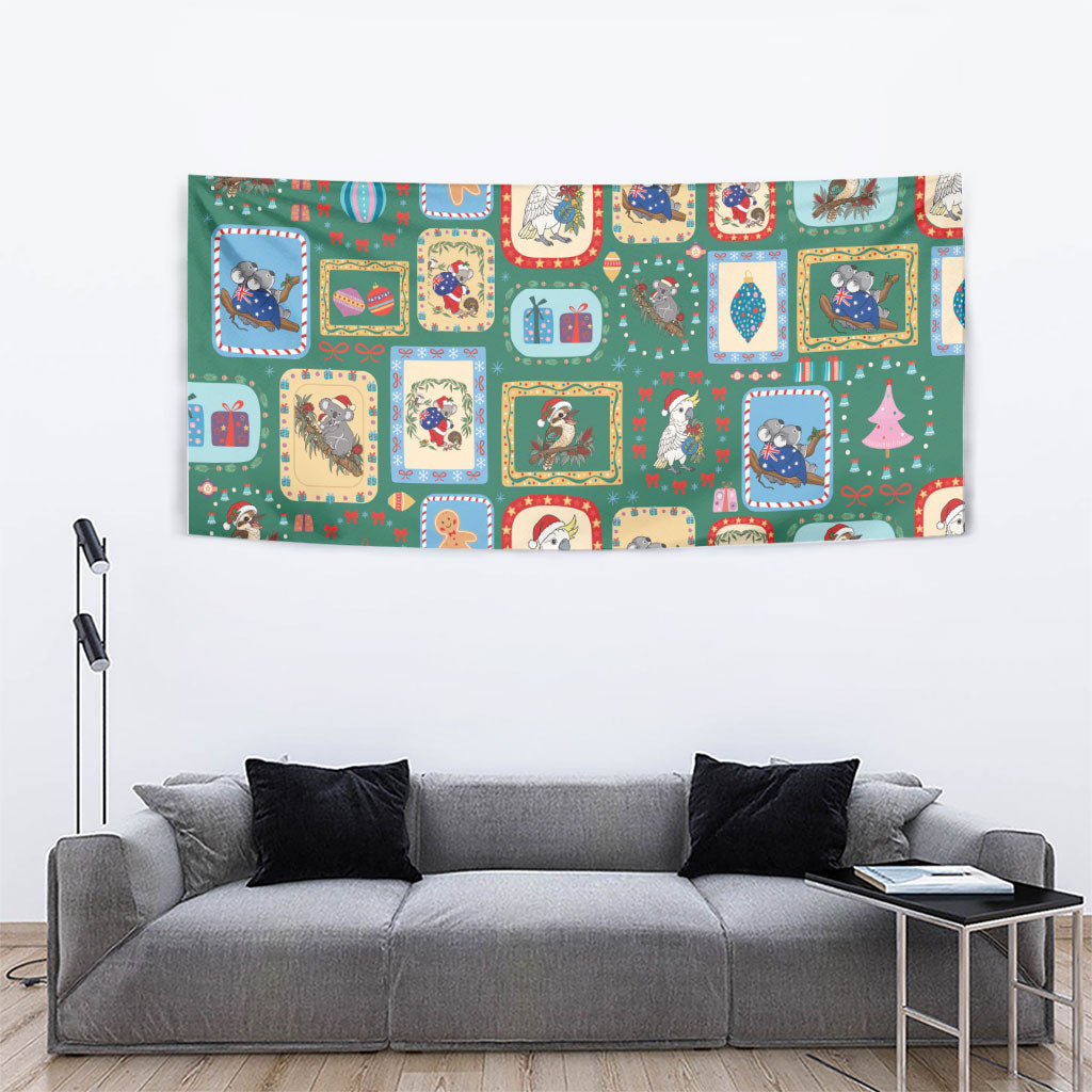 Australia Wildlife Christmas Stamp Tapestry Green Aussie Native Animal Seamless Pattern