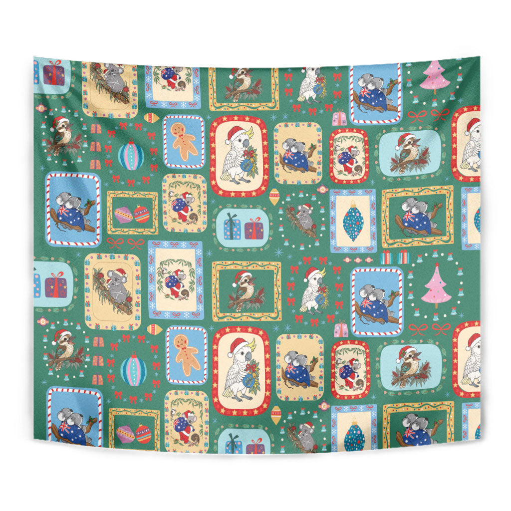 Australia Wildlife Christmas Stamp Tapestry Green Aussie Native Animal Seamless Pattern
