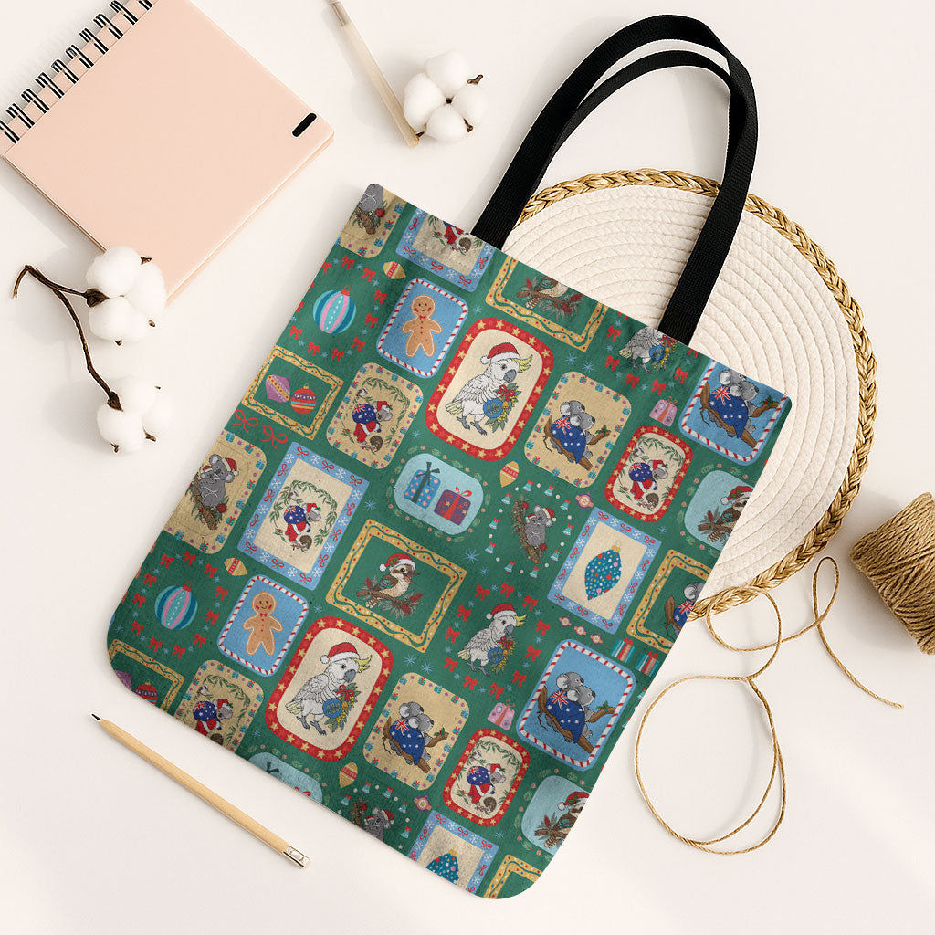 Australia Wildlife Christmas Stamp Tote Bag Green Aussie Native Animal Seamless Pattern