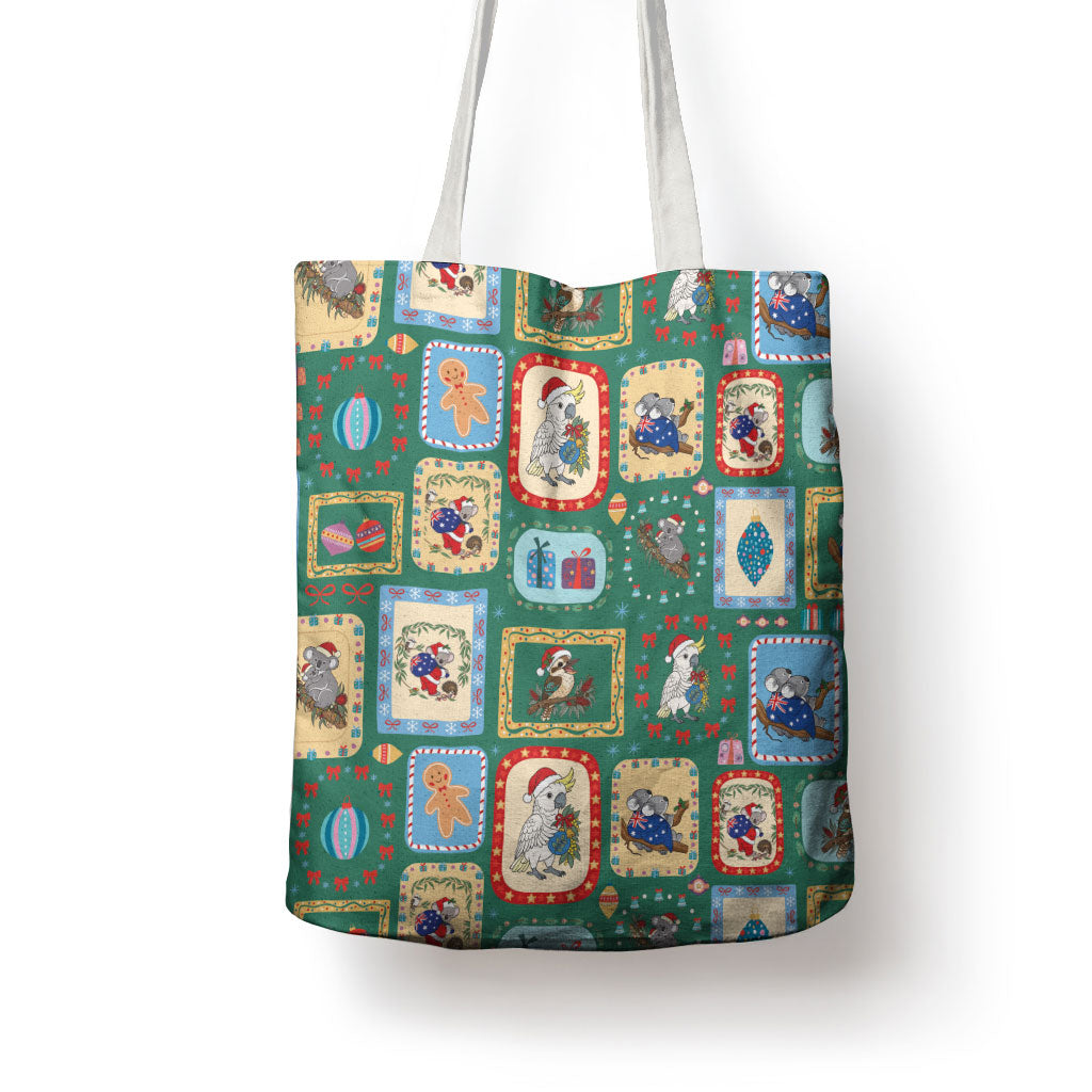 Australia Wildlife Christmas Stamp Tote Bag Green Aussie Native Animal Seamless Pattern