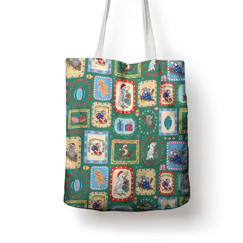 Australia Wildlife Christmas Stamp Tote Bag Green Aussie Native Animal Seamless Pattern