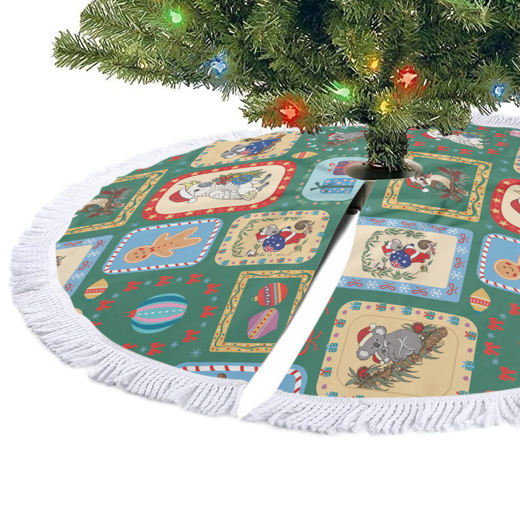 Australia Wildlife Christmas Stamps Tree Skirt Green Aussie Native Animal Seamless Pattern