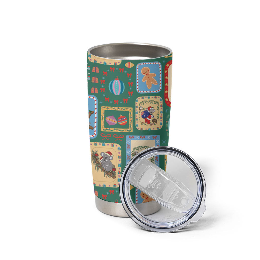 Australia Wildlife Christmas Stamp Tumbler Cup Green Aussie Native Animal Seamless Pattern