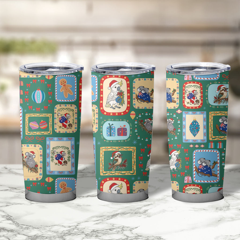 Australia Wildlife Christmas Stamp Tumbler Cup Green Aussie Native Animal Seamless Pattern