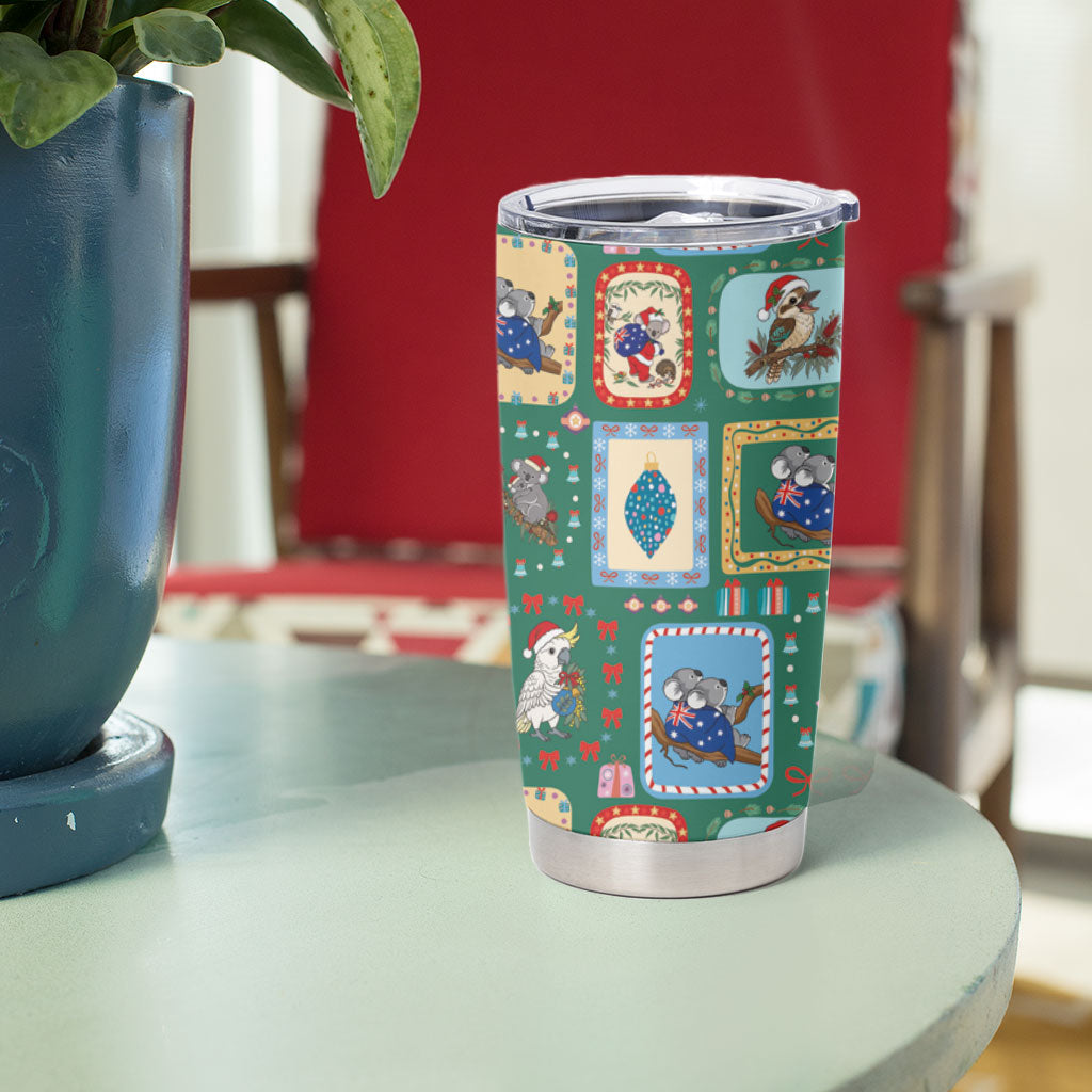 Australia Wildlife Christmas Stamp Tumbler Cup Green Aussie Native Animal Seamless Pattern