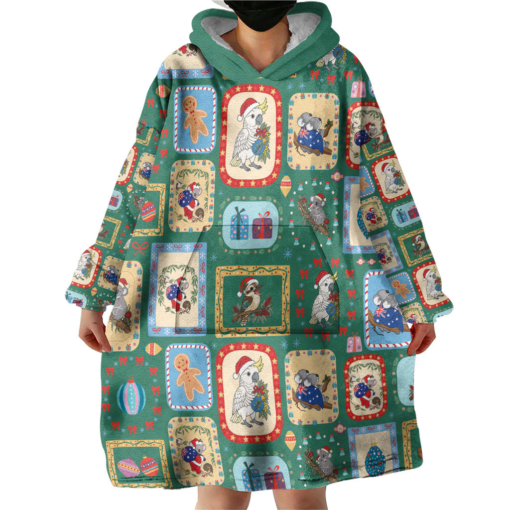 Australia Wildlife Christmas Stamp Wearable Blanket Hoodie Green Aussie Native Animal Seamless Pattern