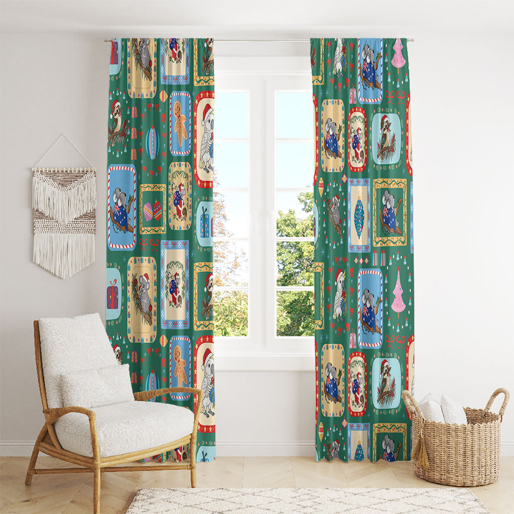 Australia Wildlife Christmas Stamp Window Curtain Green Aussie Native Animal Seamless Pattern