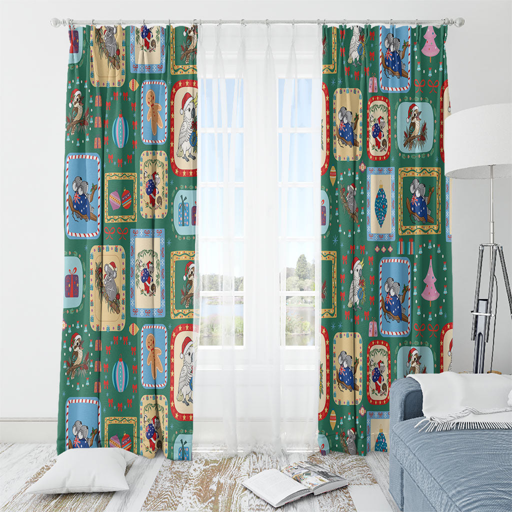 Australia Wildlife Christmas Stamp Window Curtain Green Aussie Native Animal Seamless Pattern