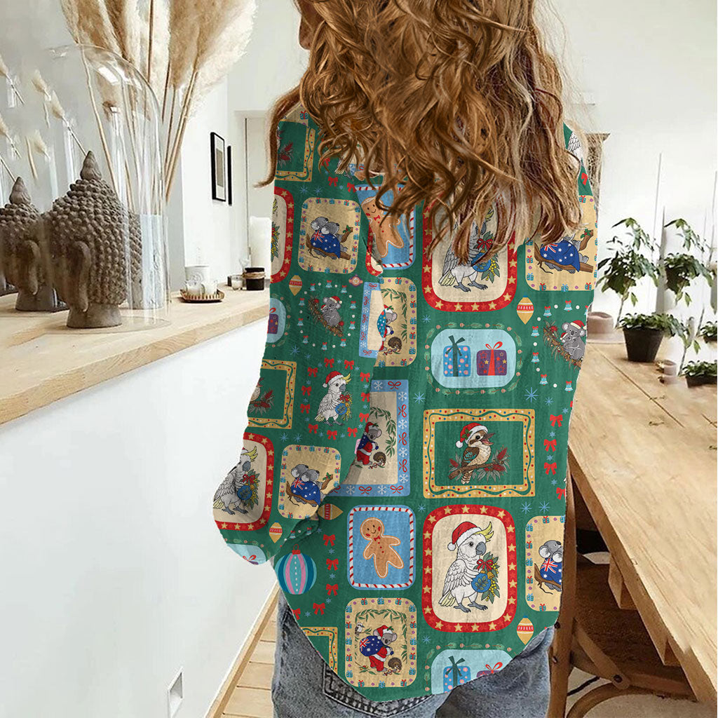 Australia Wildlife Christmas Stamp Women Casual Shirt Green Aussie Native Animal Seamless Pattern
