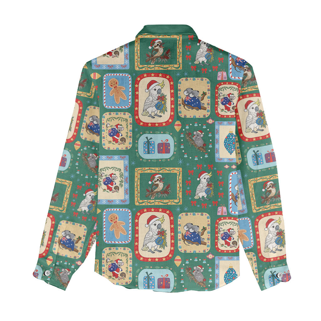 Australia Wildlife Christmas Stamp Women Casual Shirt Green Aussie Native Animal Seamless Pattern