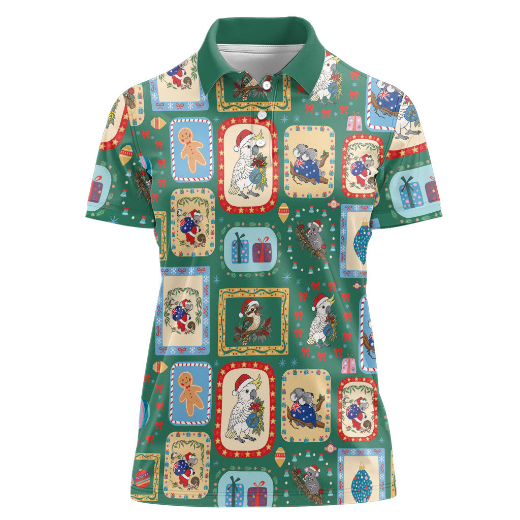 Australia Wildlife Christmas Stamp Women Polo Shirt Green Aussie Native Animal Seamless Pattern