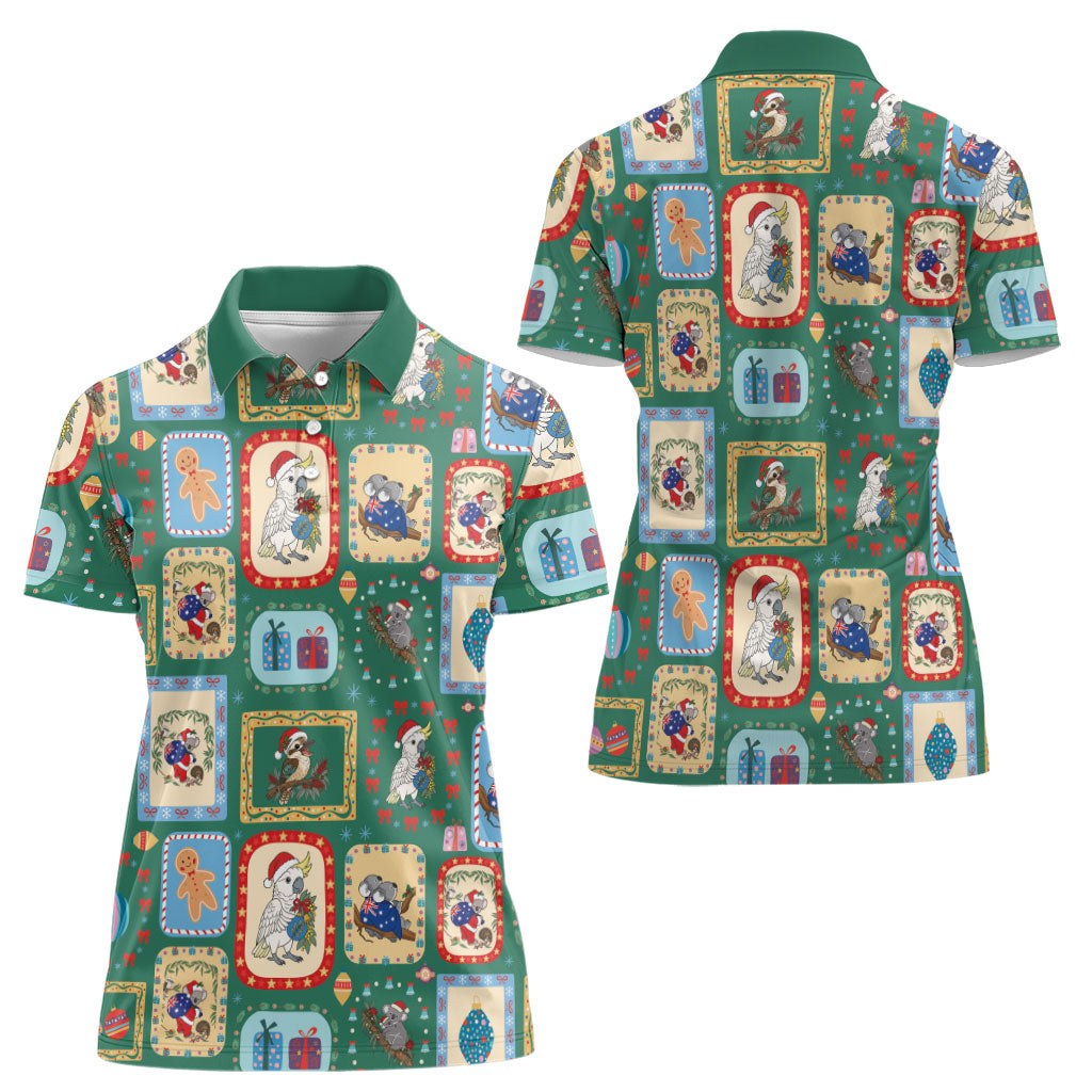 Australia Wildlife Christmas Stamp Women Polo Shirt Green Aussie Native Animal Seamless Pattern