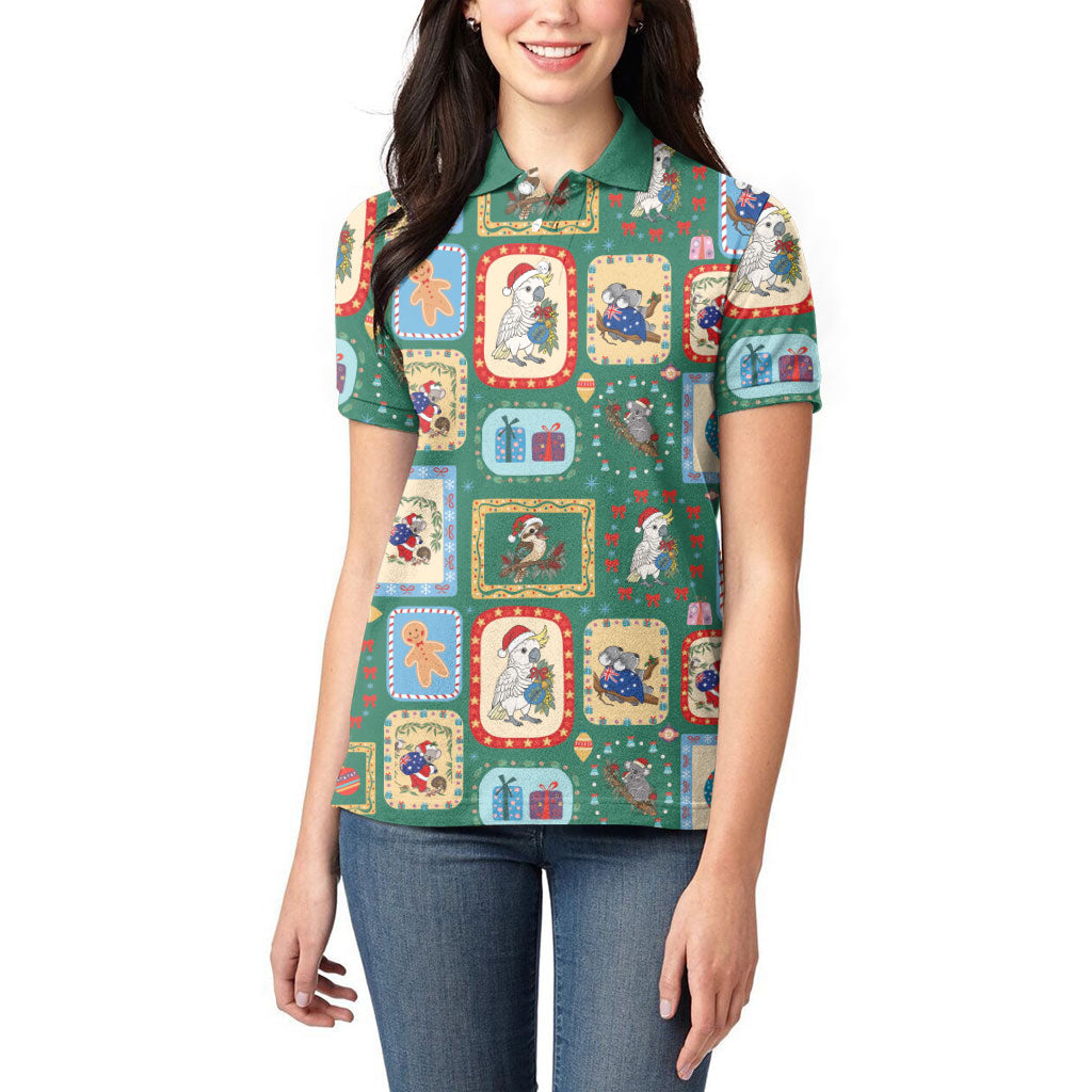Australia Wildlife Christmas Stamp Women Polo Shirt Green Aussie Native Animal Seamless Pattern