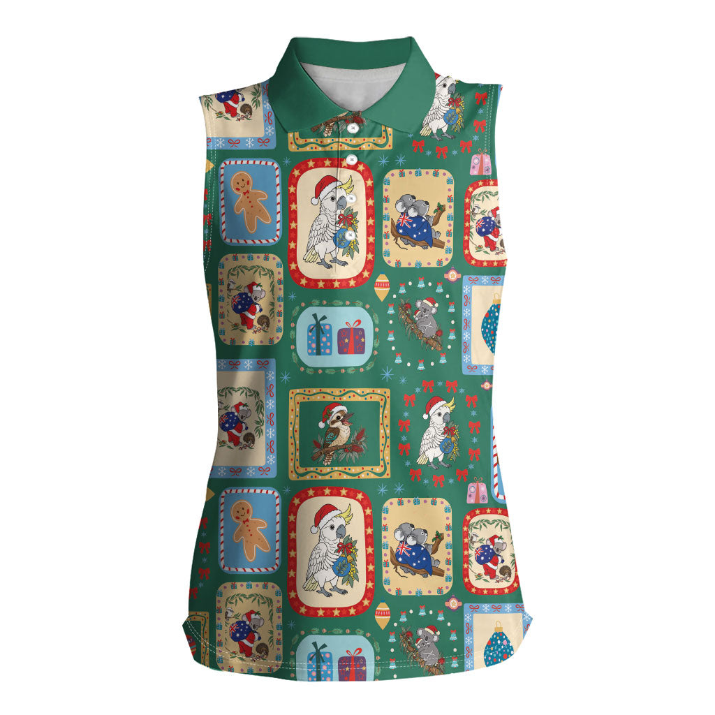 Australia Wildlife Christmas Stamp Women Sleeveless Polo Shirt Green Aussie Native Animal Seamless Pattern